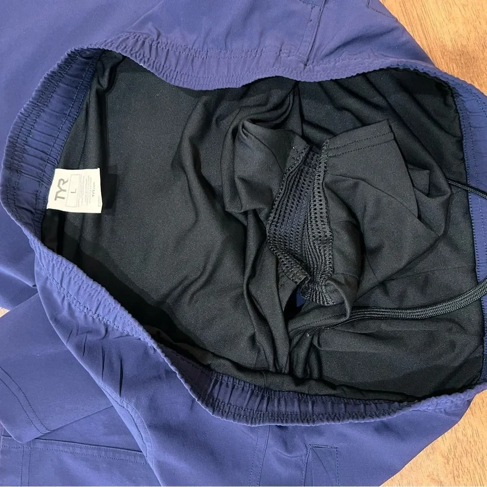 TYR Sea View Land Water Swim Shorts Men’s L Blue Elastic Waist Lined Pockets
